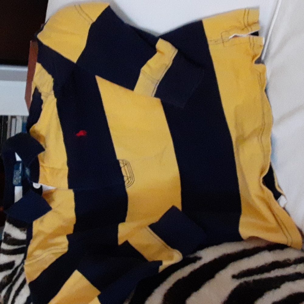 Boy's Polo Rugby Shirt. Navy blue and gold size 6 with woven cotton collar.